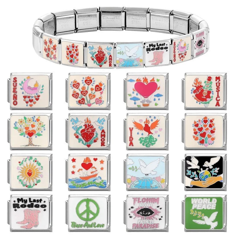 2026 New Wholesale World Peace Dove Love Heart Birds Italian Charm Fit 9mm Stainless Steel Bracelet Making Women Jewelry Gift s Qme