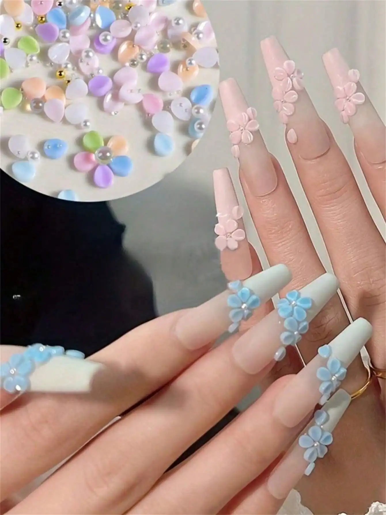 Flower Nail Charms Rhinestones Pearls Floral Art Accessories Supplies Qme