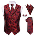 Mens Royal Red Floral Suit Vest Tie Hanky Cufflinks Set Paisley Waistcoat Necktie for Male Wedding Busniess Qme MJ-9010 XXXL