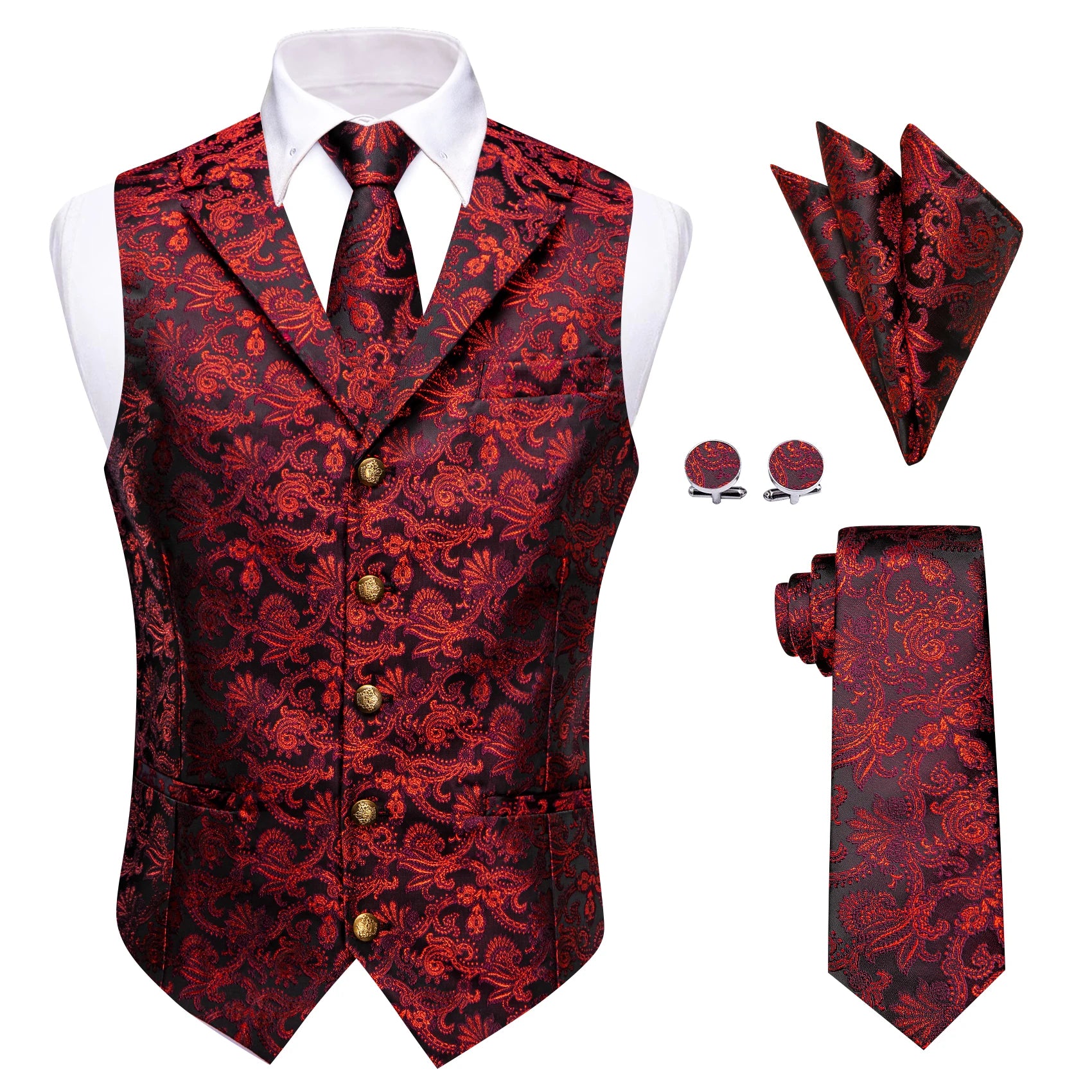 Mens Royal Red Floral Suit Vest Tie Hanky Cufflinks Set Paisley Waistcoat Necktie for Male Wedding Busniess Qme MJ-9010 XXXL
