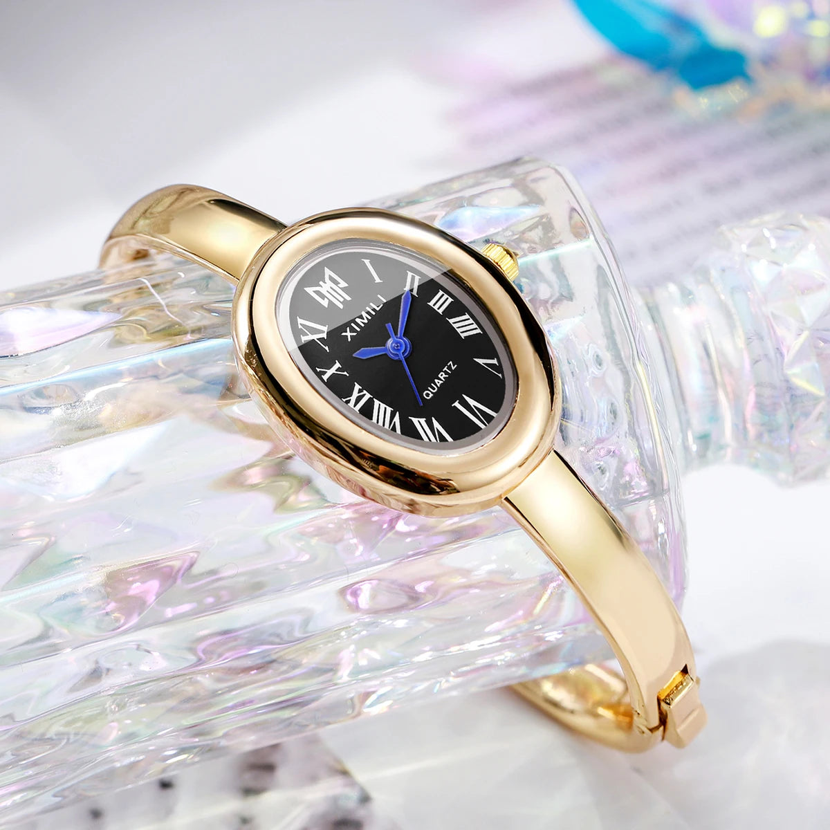 Minimalist Thin Gold Metal Bangle Ladies Watch, Small Oval Dial Roman Scale Quartz Dress Watch, Elegant Gift for Girls Women Qme Gold Black