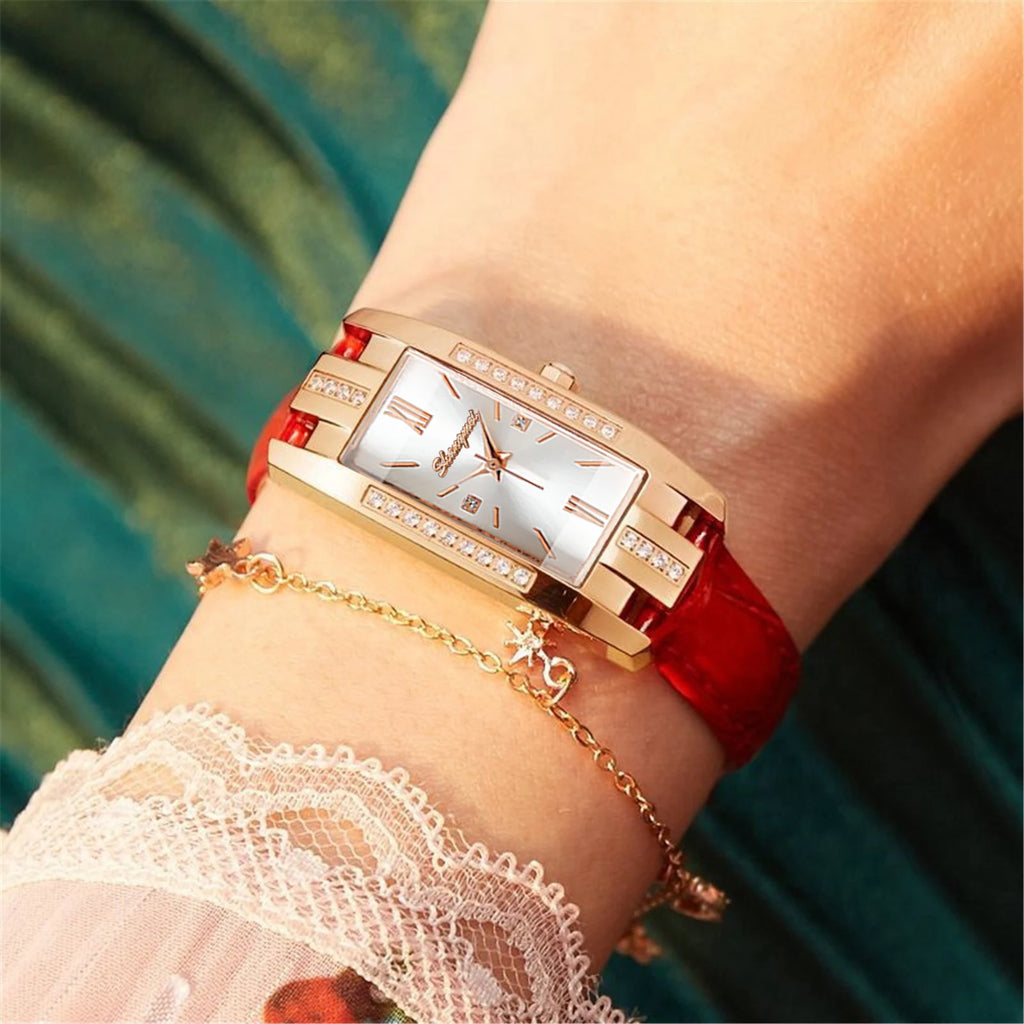 Small Rectangle Crystal Ladies Watch Rose Gold Roman Dial Glossy Leather Strap Women Elegant Dress Quartz Wristwatch Qme