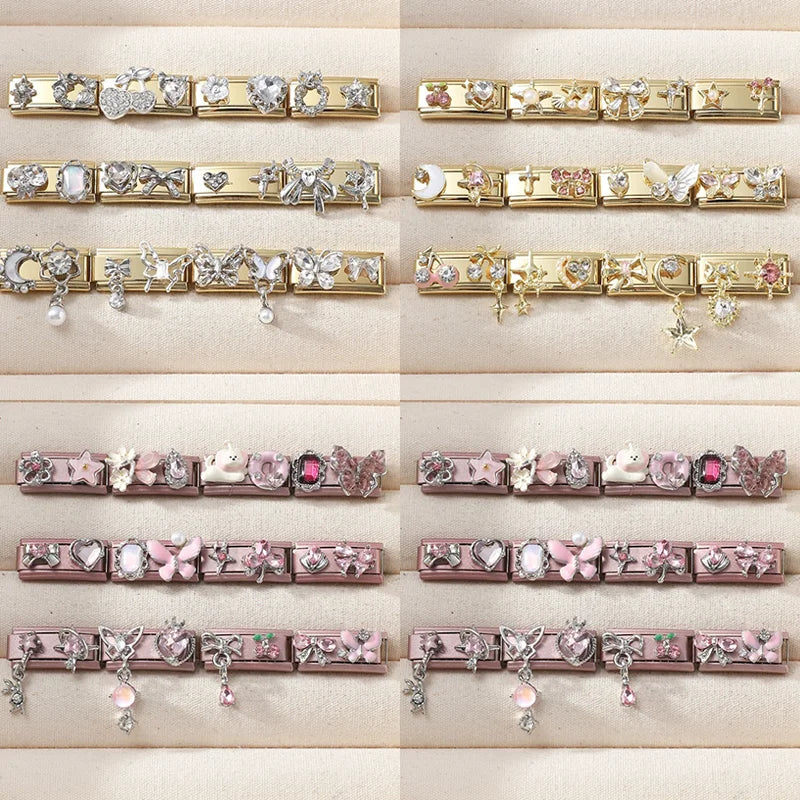 New Fashion Gold Color Cute Bows Garland Big Zircon Stars Hearts Italian Charm Links Fit 9MM Stainless Steel Bracelet DIY Making Qme
