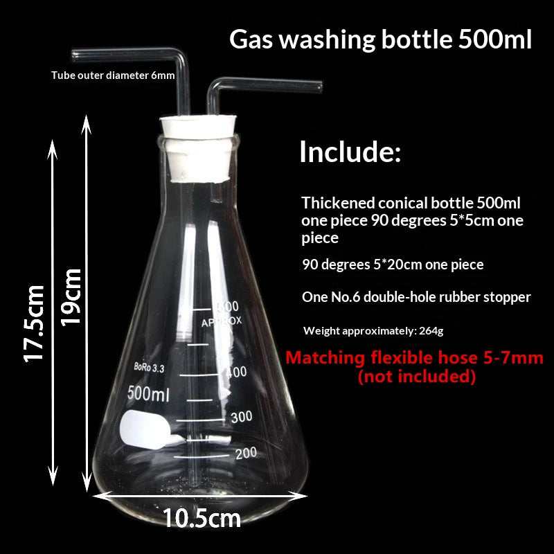 100-500mL Lab Gas Washing Bottle Triangular Conical Gas Collecting Bottle Vacuum Wash Bottle Glass Graduated Lab Buffer Bottle Qme