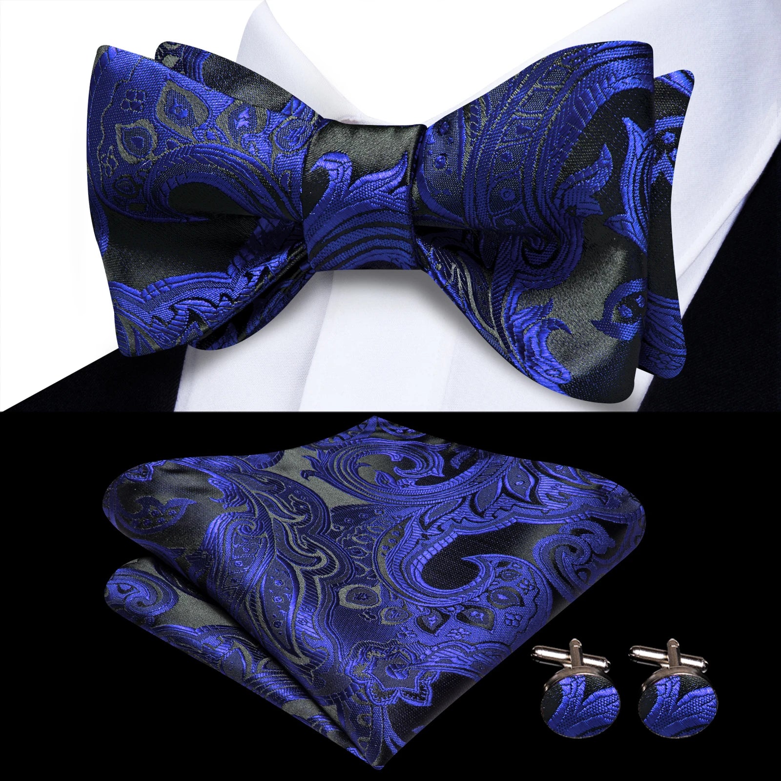 Hi-Tie Classic Bow Ties for Men Butterfly Self-Tied Male Bowtie Pocket Square Cufflinks Set Jacquard Paisley Wedding Event Party Qme HT-LH-2303