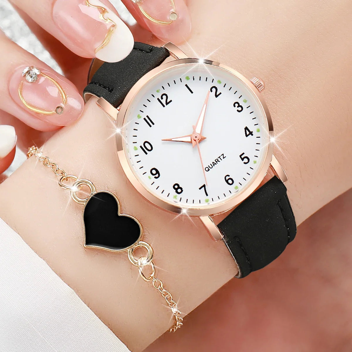 2026 6PCS/4PCS Fashionable luminous pointer watch, small fresh frosted leather casual watch, simple digital quartz watch set Qme