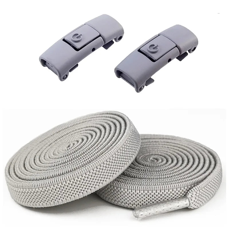 Lazy No-Tie Elastic Flat Shoelaces,Quick Press Metal Lock Buckles,Easy Install Shoelace Replacement For Children Elders Qme Grey 1pair