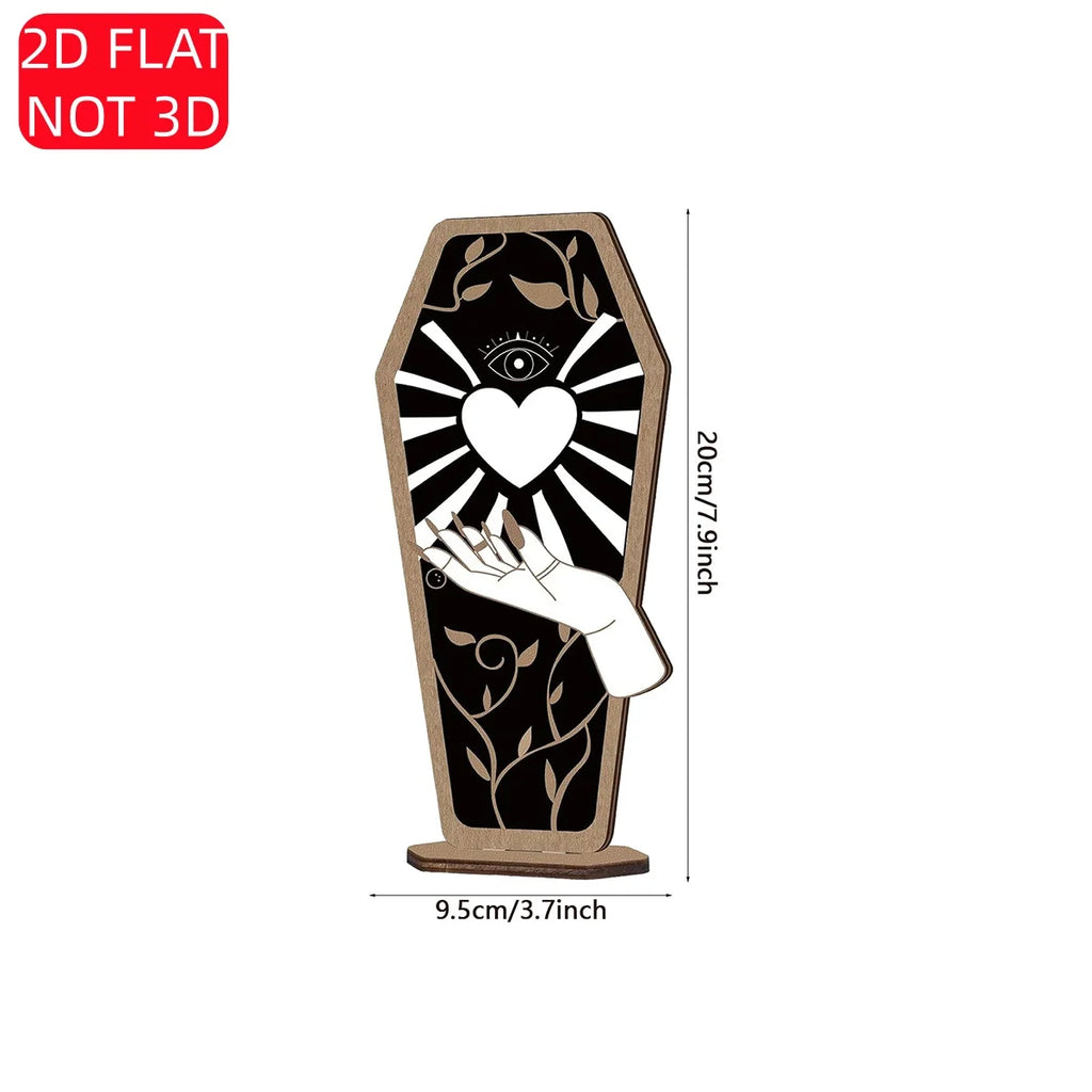 Halloween 2D Flat Wooden Coffin Sign – Gothic Mystic Design with Heart, All-Seeing Eye, and Hand. Perfect for Spooky Home Qme