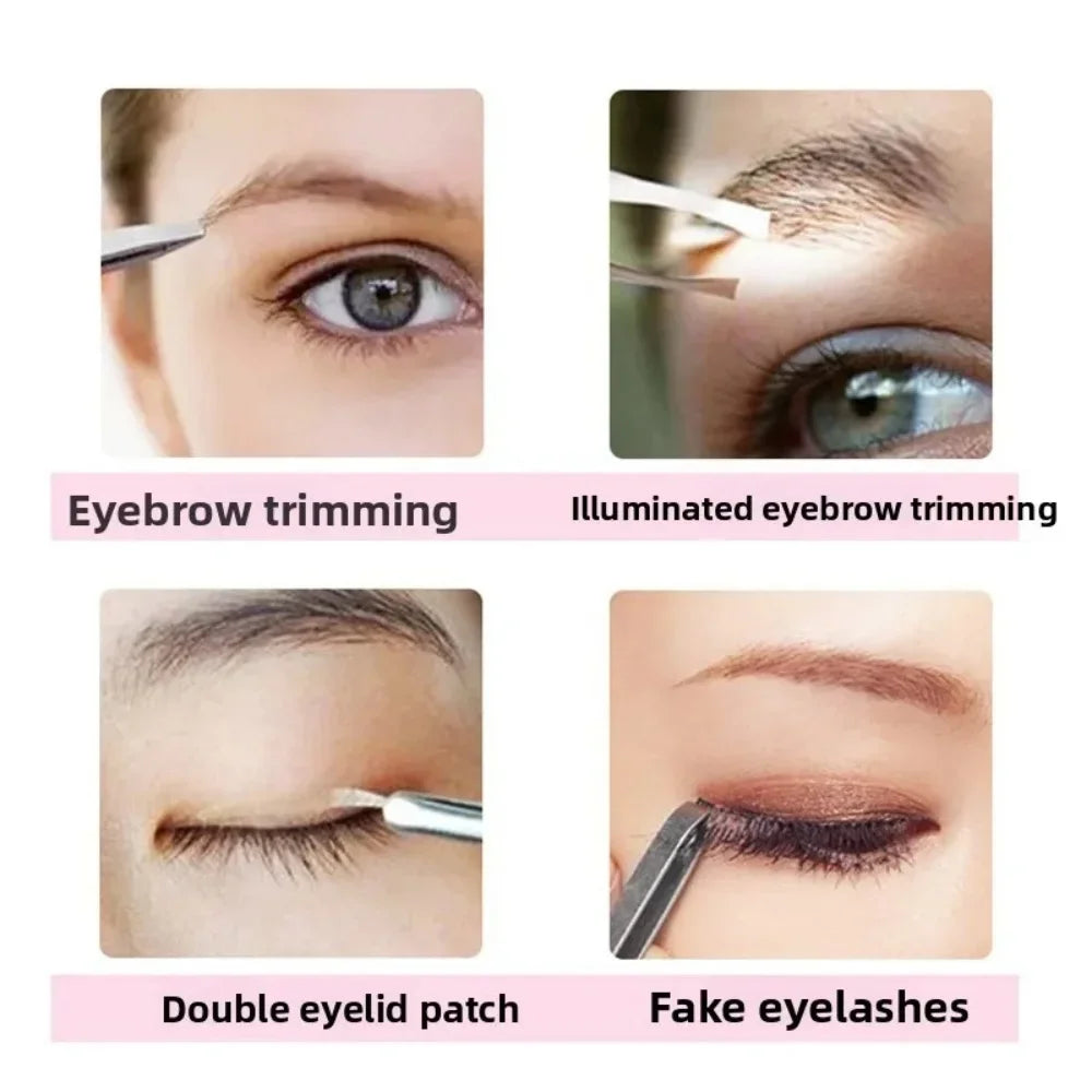 1pc Portable Stainless Steel Led Make Up LED Light Eyelash Eyebrow Clip Tweezer Set Smart Design Hair Remove Tweezer Makeup Tool Qme