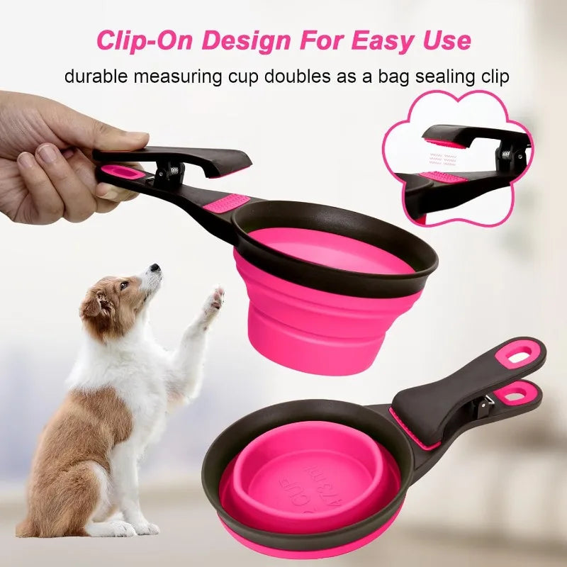 Pet food bag foldable dog food spoon clip, 3-in-1 multifunctional silicone food measuring cup spoon food storage clip Qme