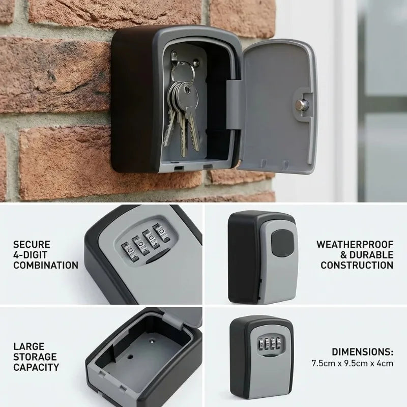 Wall Mount Key Lock Box with 4 Digit Password Code Security Home Office Key Safe Storage Organizer - No Key Required Qme