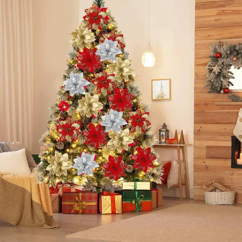 Glitter Christmas Flowers Xmas Tree Ornaments Christmas Decorations for Home 2025 Navidad Noel Natal Gifts New Year 2026 Qme