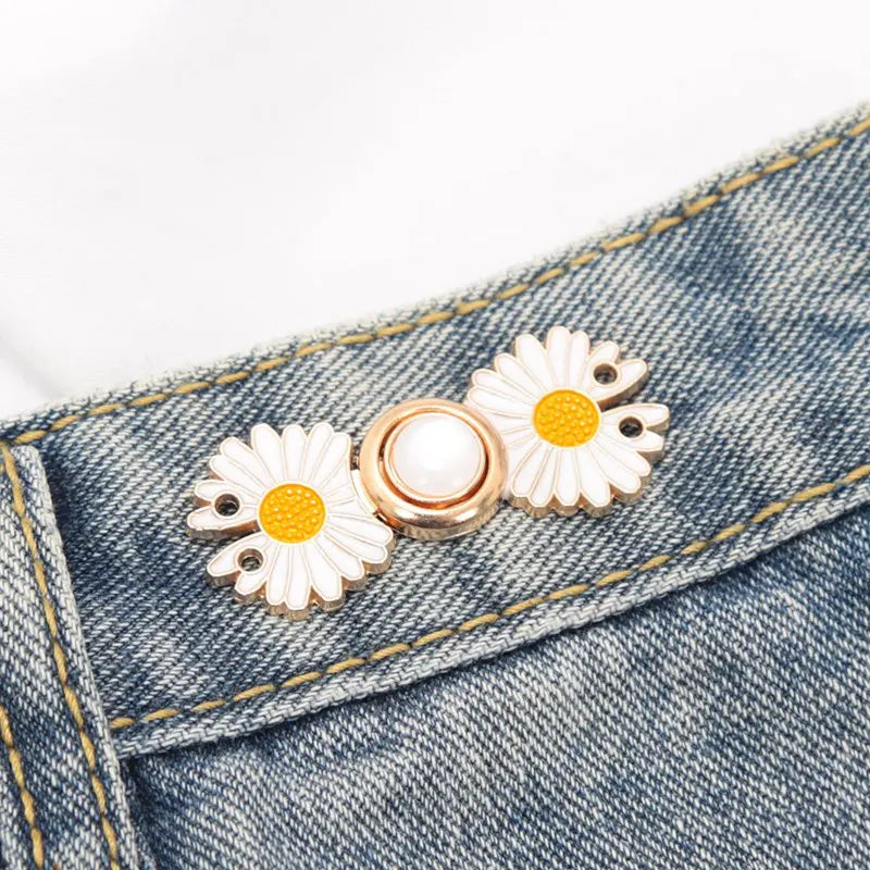 Reusable Metal Flower Buttons Pearl Snap Fastener Pants Pin Retractable Sewing-on Buckles for Jeans Fit Reduce Waist Accessories Qme A5 5PCS