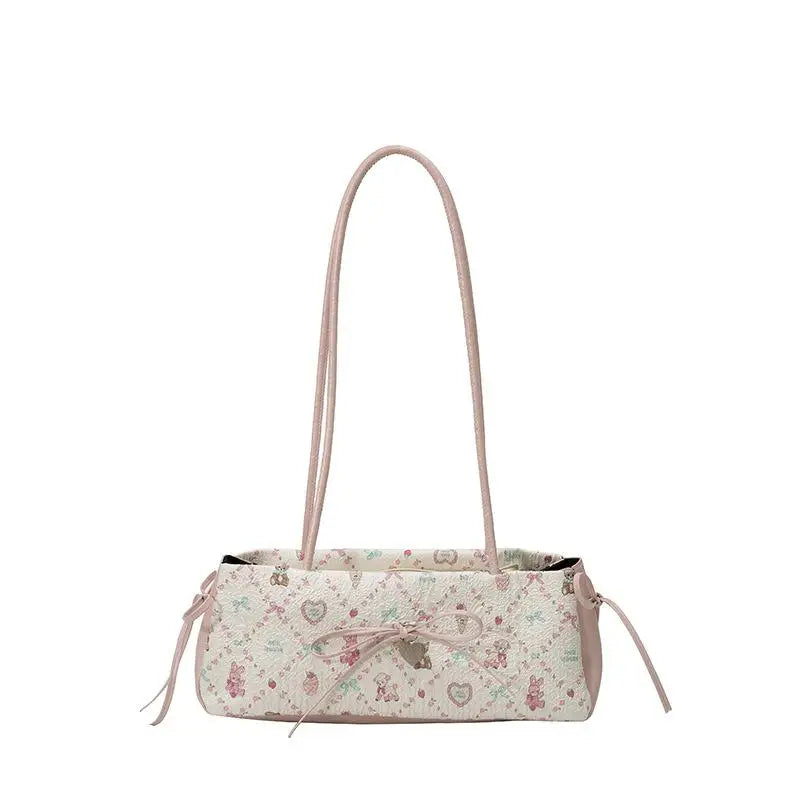 Sweet Bow Shoulder Bag Cartoon Print Underarm Bag Female Tote Bag Versatile Large Capacity Commuter Handbag Holiday Gift Qme Pink