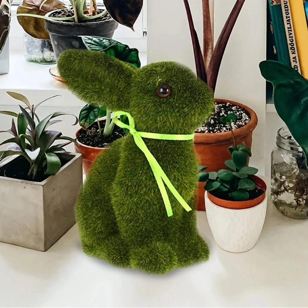 Moss Rabbit Decor Tabletop Sculpture Ornament Garden Easter Rabbit Figurines Flocked Animal Statue Figurine for Outdoor Garden Qme