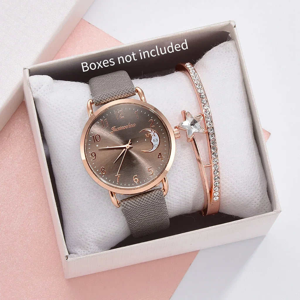 2PCS Fashion Moon Dial Women Quartz Watch Bracelet Set Casual Leather Strap Ladies Wristwatch Reloj Mujer（Without Box） Qme Grey No Box