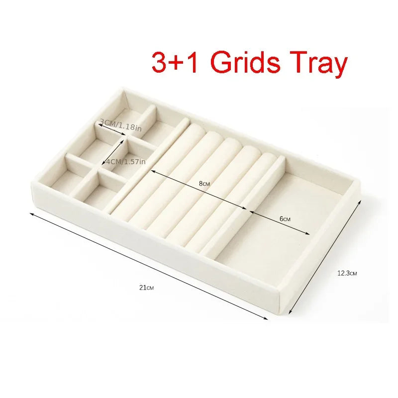 Stackable Velvet Jewelry Organizer Box - Distressed White, Rectangular Desktop Display Case for Rings, Earrings, Qme