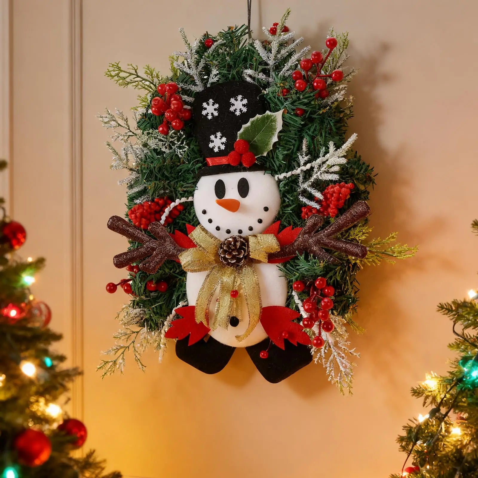 Snowman Christmas Wreath Artificial Front Door Garland Red Berries Pine Branches Hanging Decorations for Home Wall Window Qme