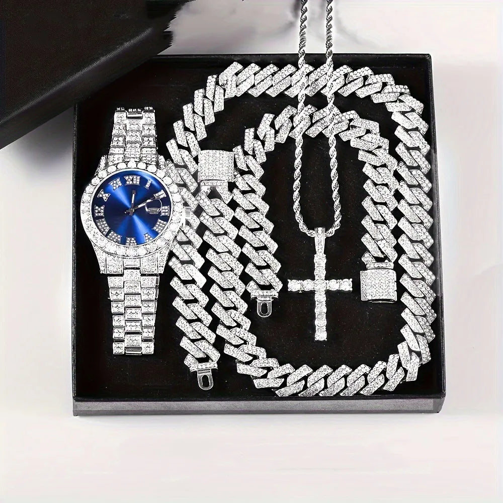 Diamond studded luxury steel strip quartz watch, diamond studded hip-hop Cuban bracelet set, watch set Qme