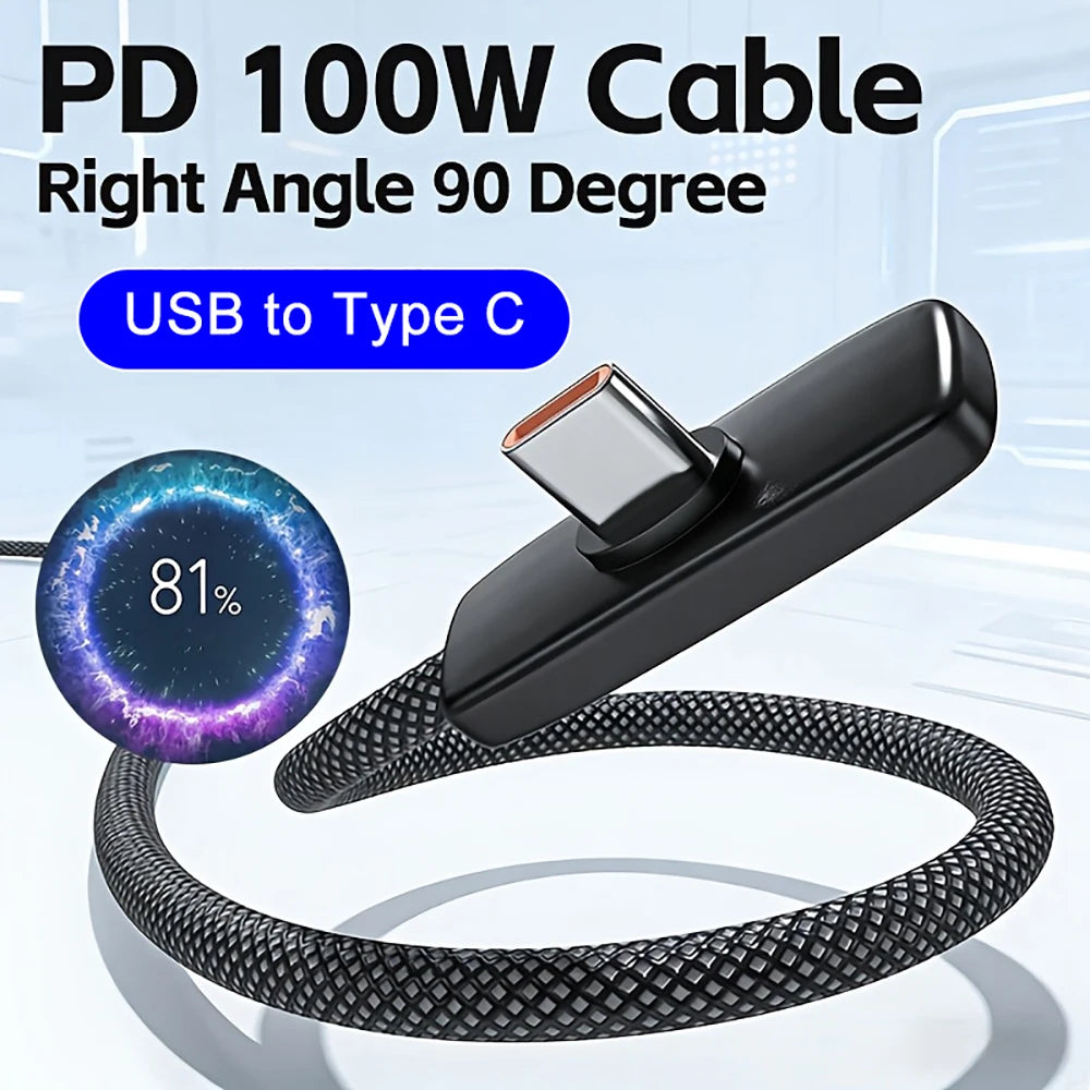 90 Degree 100W Right Angle USB C Fast Charging Cable Type C Charger Cord for iPhone Samsung Xiaomi Phones Braided Nylon Cables Qme