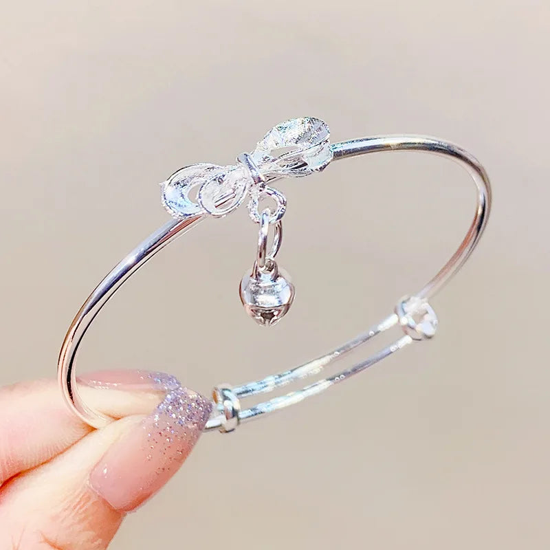Simple and Irregular Titanium Steel Cute Open bangle Adjustable Butterfly Bell Bowknot Heart Shaped Women's Girl Bracelet Qme