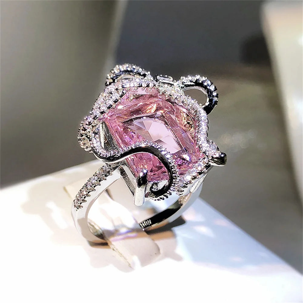 Classic Temperament Shining Pink Sapphire Zircon Open Ring Fashionable Women's Engagement Banquet Jewelry Gift Qme Imitation Rhodium Plated Pink