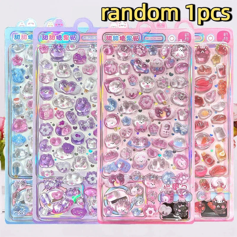 Cute Cartoon 3D Relief Crystal Sticker DIY Laptop Water Bottle Phone Case Decorative Stickers Qme Random 1pcs