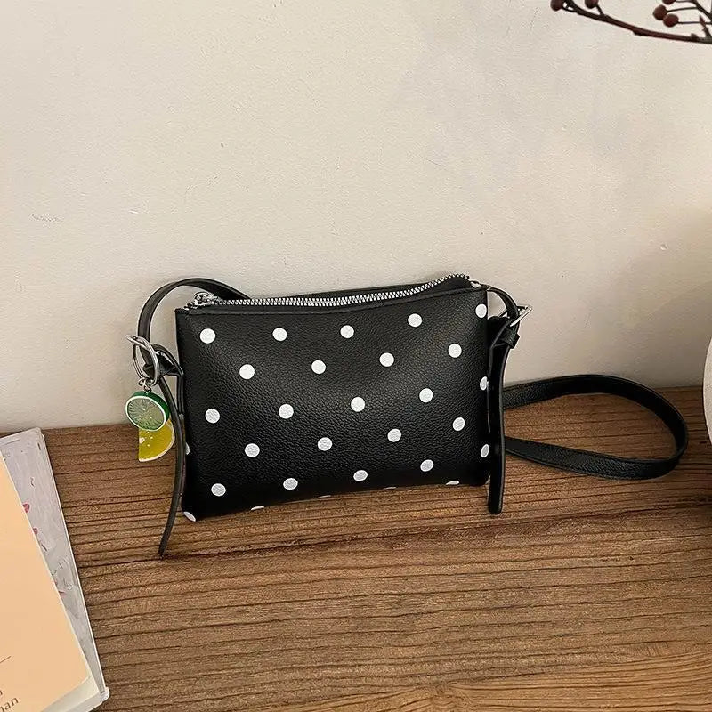 Color PU Leather Crossbody Bag Black Polka Dot Print Cute Fruit Charm For Daily Shopping Dating Casual Trips Qme A2