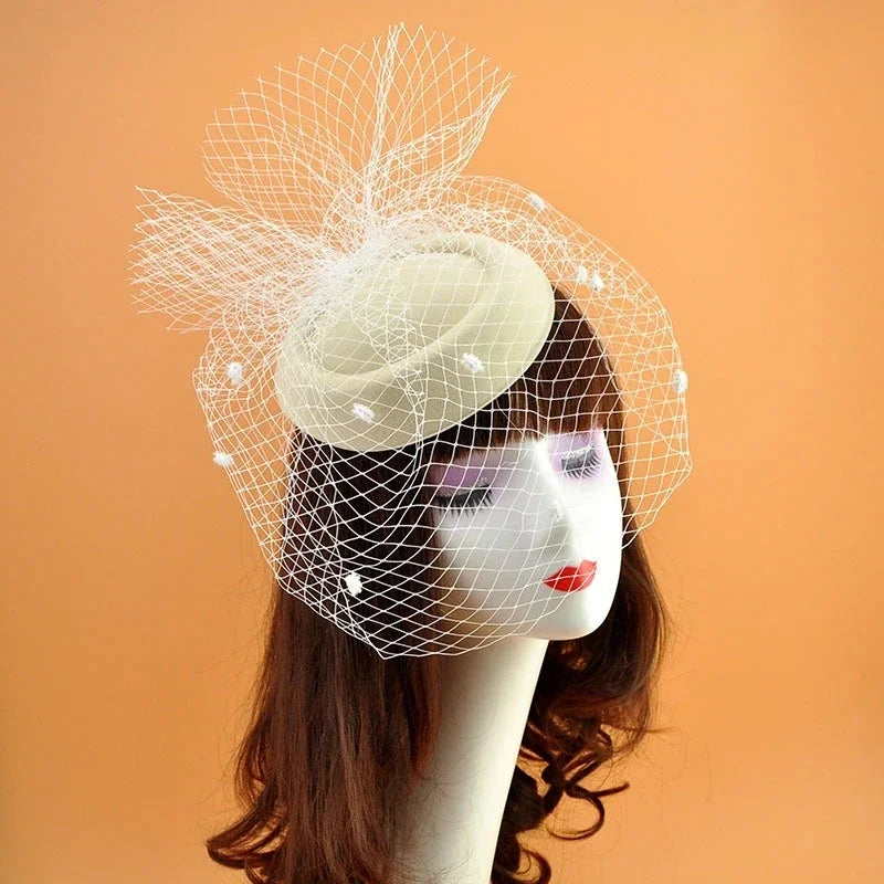 Black Veil Small Hat Hair Accessories Retro Woolen Material Dinner Qme Beige