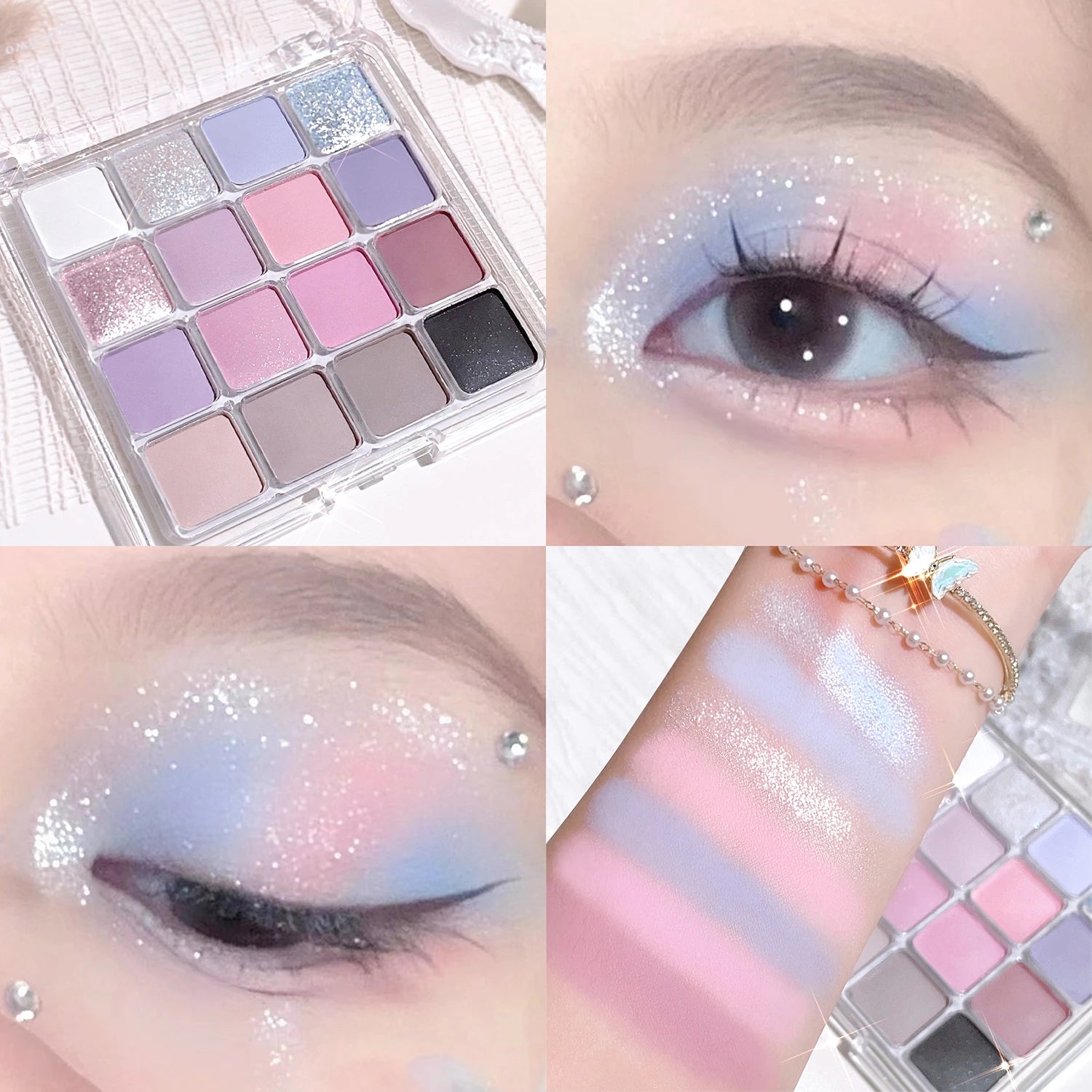 16 color eyeshadow palette - Glitter, matte and shimmer finish in gentle fall and winter tones of blue, brown, coral and pink Qme 05