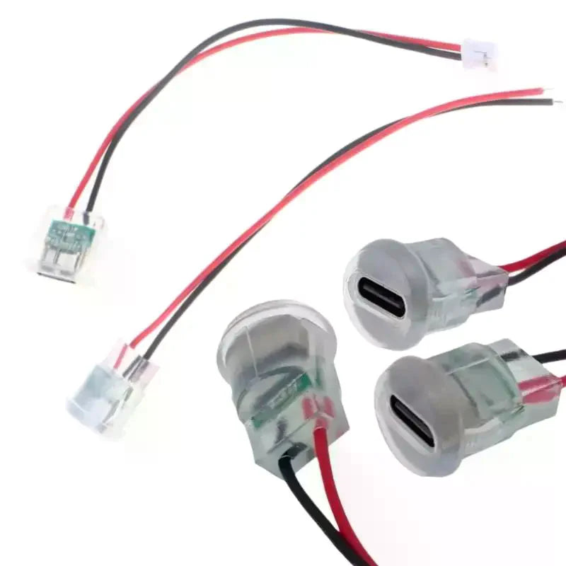 5/10Pcs Waterproof USB-C Power Port Female Connectors Transparent 2Pin USB Type-C With LED Lights Input Type Charging Socket Qme