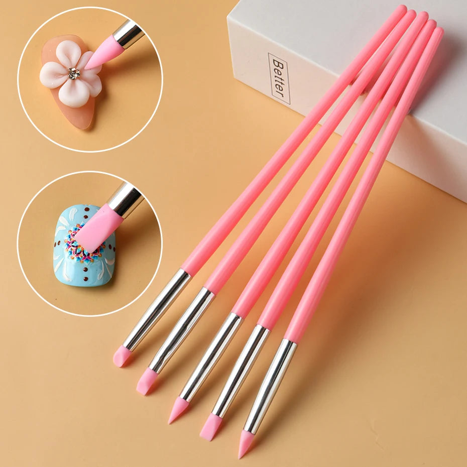 Hot 5Pcs/Set Professional Silicone Nail Brushes Manicure Pens Professional Tools for UV Gel Polish 3D Nail Art DIY Dotting Tools Qme