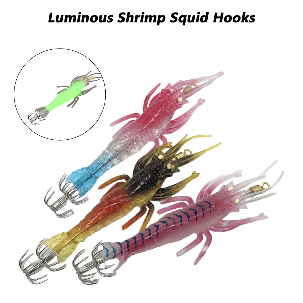 Soft Bait for Night Fishing Luminous Shrimp Squid Jig Hooks PVC Shrimp Squid Bait Cuttlefish Octopus Fishing Lures 5pcs/set Qme