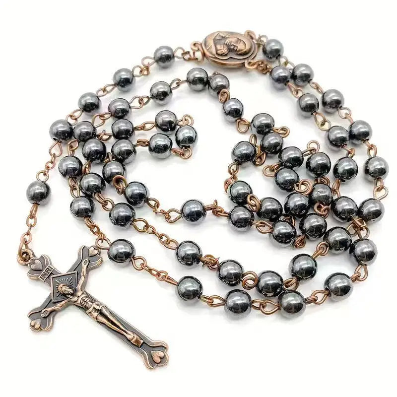 Retro Religion Belief Catholic Cross St. Benedict Black Gallstone Prayer Rosary Pendant Necklace Jewelry Gift Qme A3