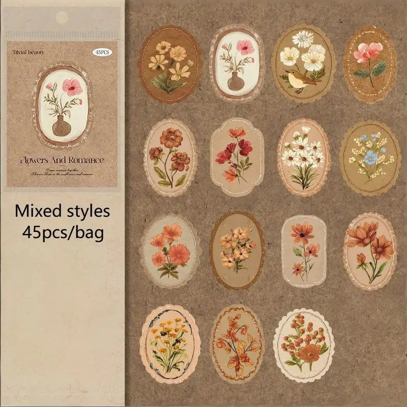 45pcs Serene Florals Sticker Pack - Boxed Flower Theme Collection, DIY Journal Collage Decor Set, Literary Stationery Qme A1