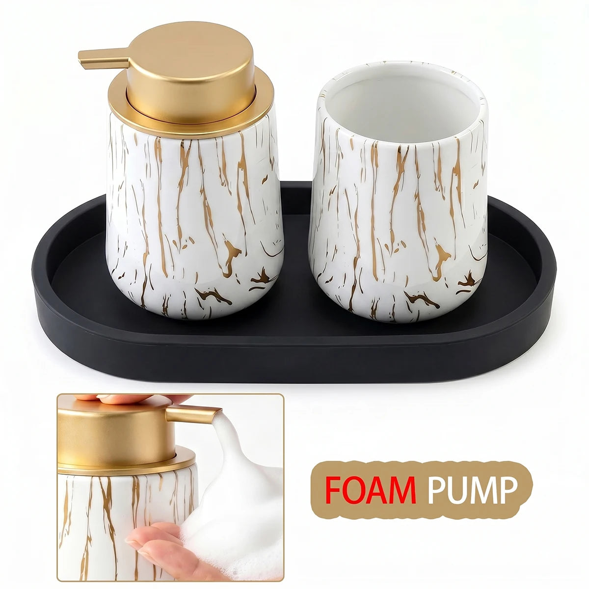 3pcs/set Marble Bathroom Set with Silicone Tray Foaming Hand Dispenser Toothbrush Holder Set Vanity Organizer for Bathroom Kitch Qme A-foam set