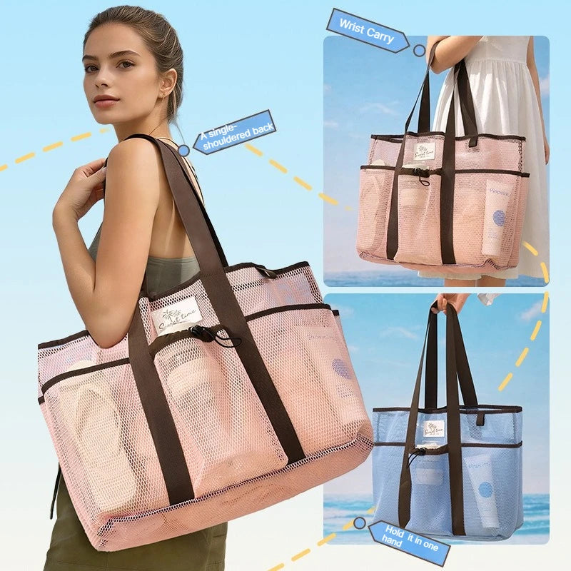A Mesh Gym Beach Tote Bag Large Capacity Portable Handheld Travel Bag Swimming Swimsuit Storage Pouch for Outdoor Vacation Qme