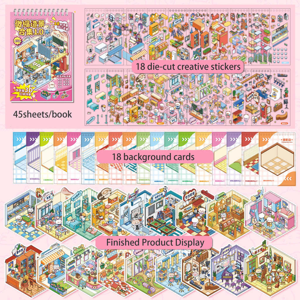 45 Sheets/BK Cute Cat Miniature 3D Diorama Coil Sticker Book for DIY Scrapbooking Phone Case Notebook Decoration Qme Pink