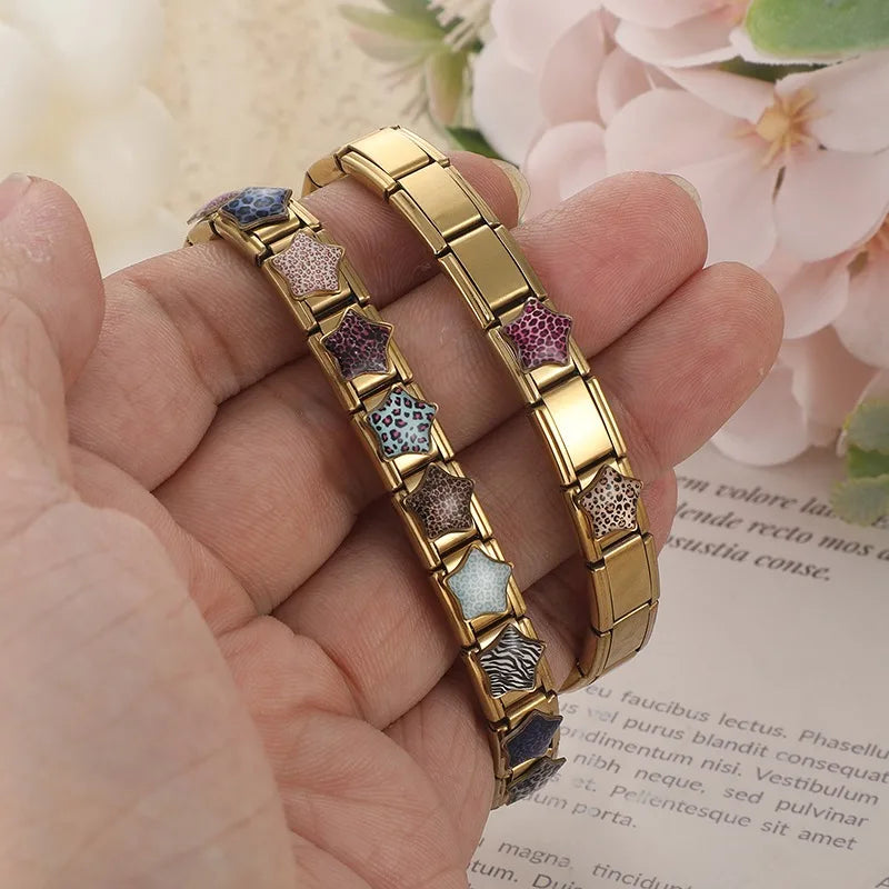 3D Inlay Stars Cute Zebra Stripe Stars Pink Blue Leopard Print Italian Charm Links Fit 9mm Stainless Steel Bracelet DIY Making Qme