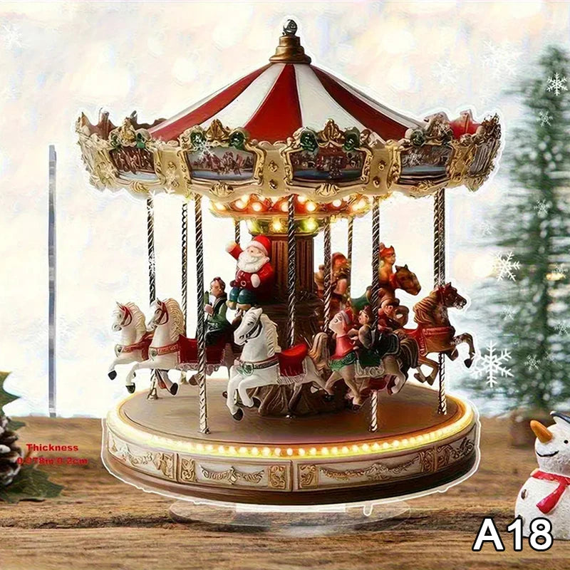 2D Flat Acrylic Christmas Desk Decor Base Snowman House Rotating Qme A18