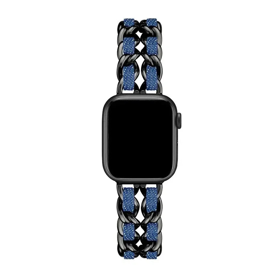 Luxury Metal Denim Strap For Apple Watch Band Ultra 2 1 49mm 41 45mm 38 42mm 44 40mm Bracelet For iWatch 9 8 7 SE 6 5 4 3 Women Qme Black-LU 42mm 44mm 45mm 49mm