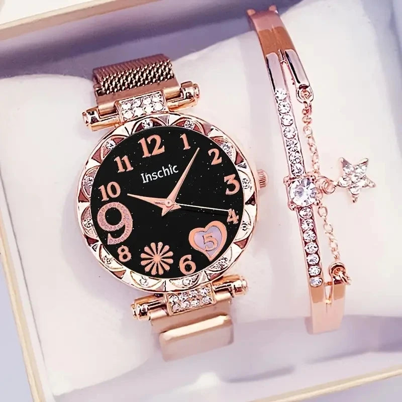 2 pçs/set moda flor dial relógio feminino ímã fivela malha banda relógios de quartzo estrela pulseira conjunto (sem caixa) Qme