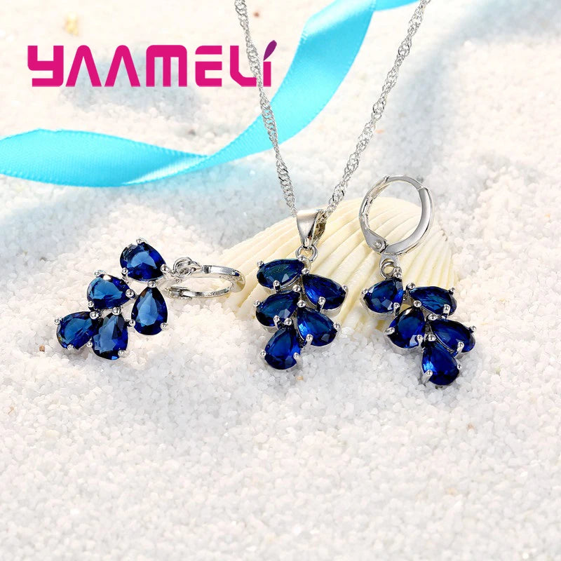 Anniversary Gift For Women Trendy 925 Sterling Silver Color Jewelry Sets Cubic Zirconia Pendants Necklaces Charm Hoop Earrings Qme