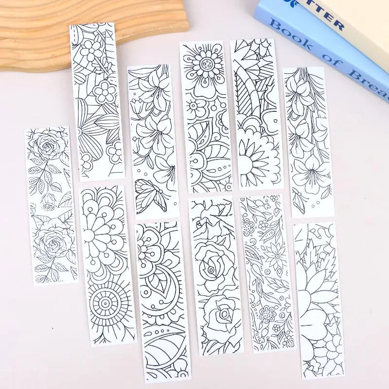 Flower Pattern Coloring Bookmarks DIY Blank Black Line Drawing Qme