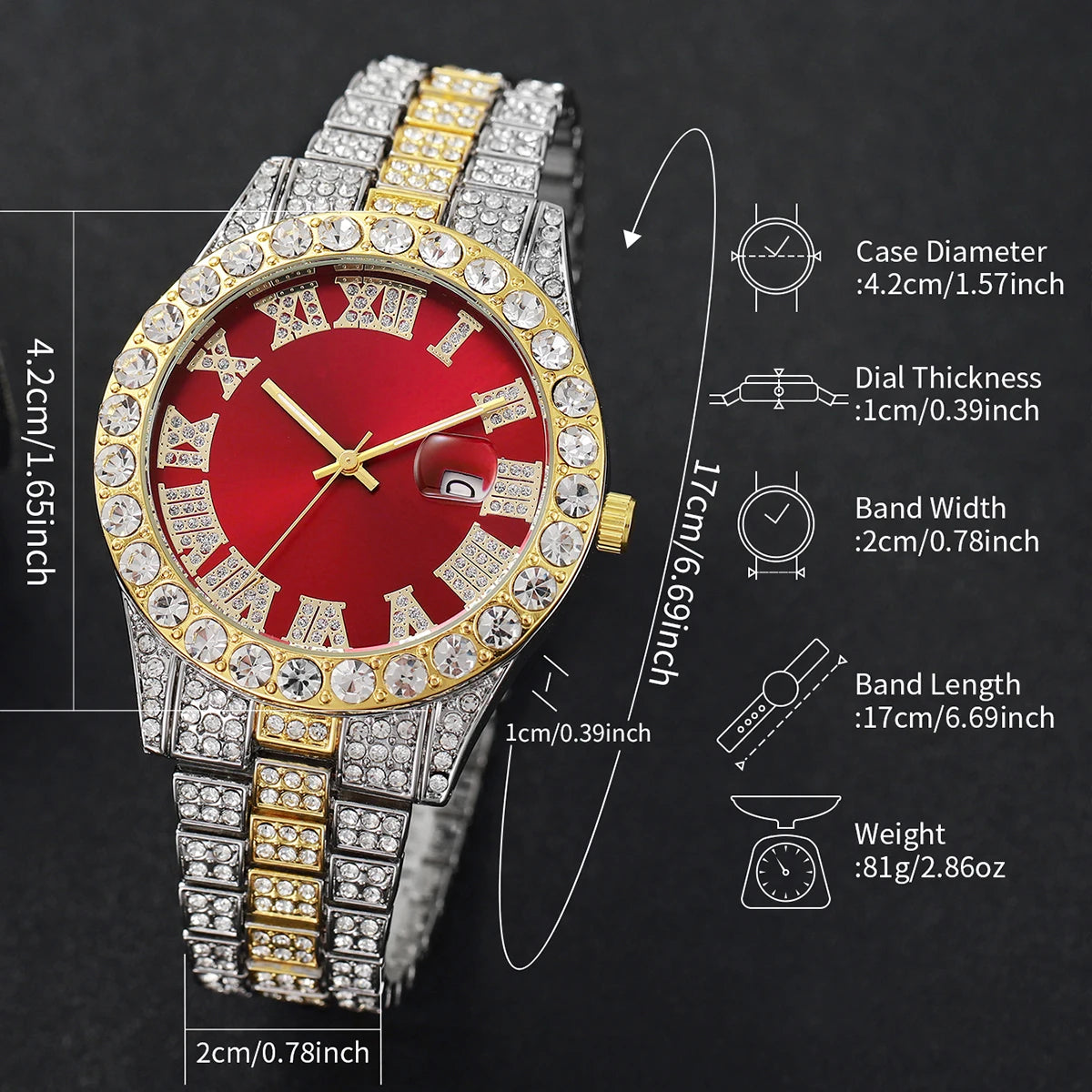 Men Iced Out Watch 4Pcs Jewelry Set Cross Necklace Ring Cuban Bracelet Hip Hop Gift Qme