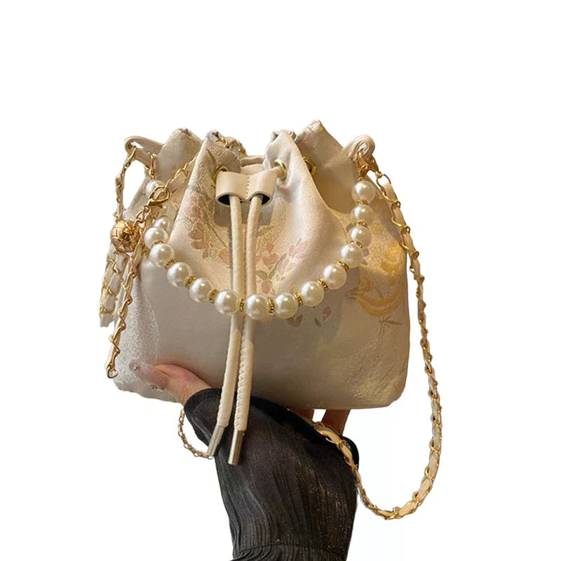 Pearl Chain Bucket Bag Women's Shoulder Bag Simple New Chinese Style Retro Crossbody Bag Qme