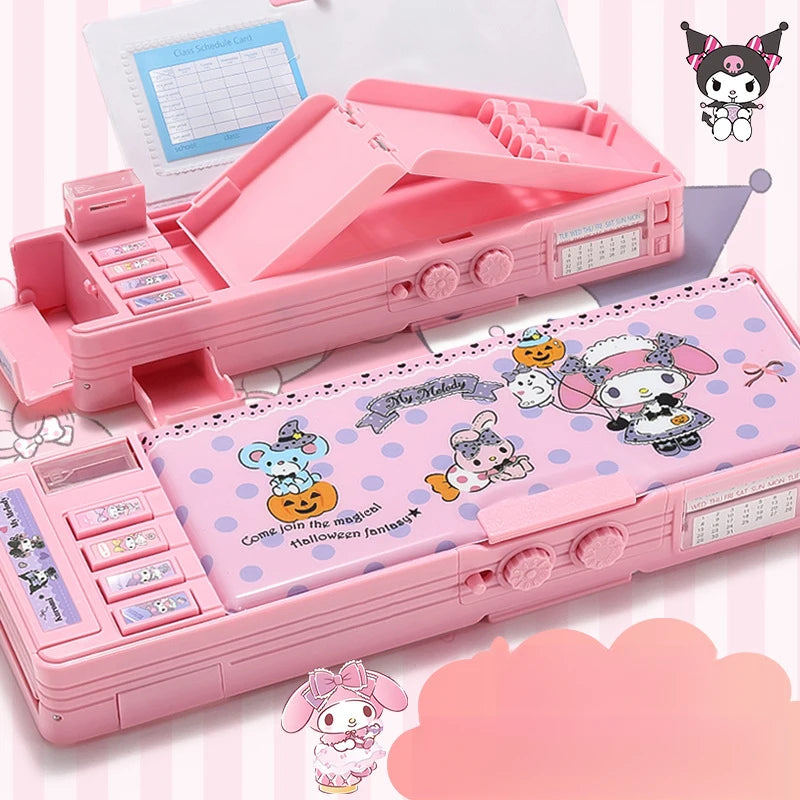 Hello Kitty Kuromi Cartoon Pencil Case With Combination Lock Multifunctional, Large-Capacity,Two-Tier Pencil Case for Students Qme