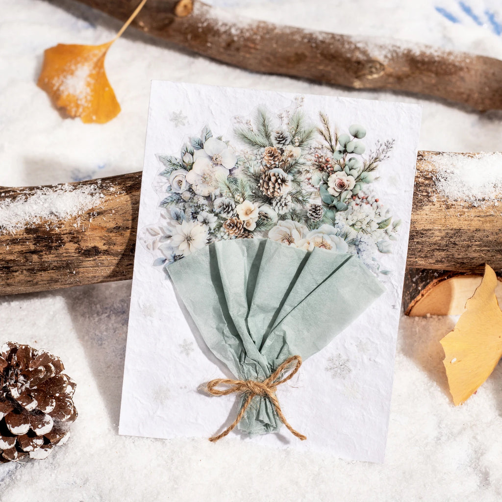 1 Roll Winter Floral Theme PET Material Die-Cut Tape for Journal Diary DIY Scrapbook Collage Decoration Supplies Qme