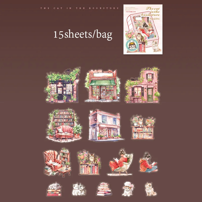Sticker Pack 15 Sheets/Bag Bookstore Reading Cat Scrapbook Stationery DIY Journal Phone Case Notebook Decoration Qme 2