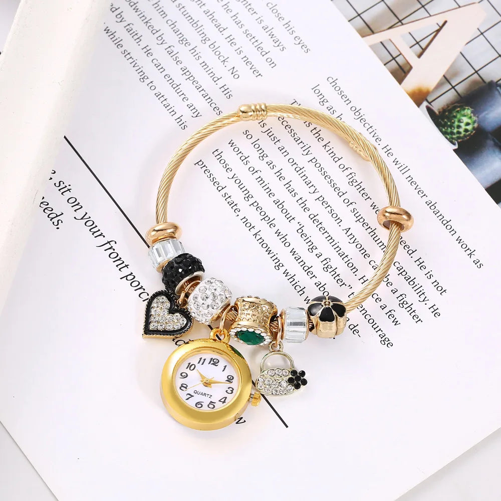 Golden Adjustable Opening Alloy Bracelet Quartz Bead Flower Pendant Couple Watch with Gift Box Qme 1